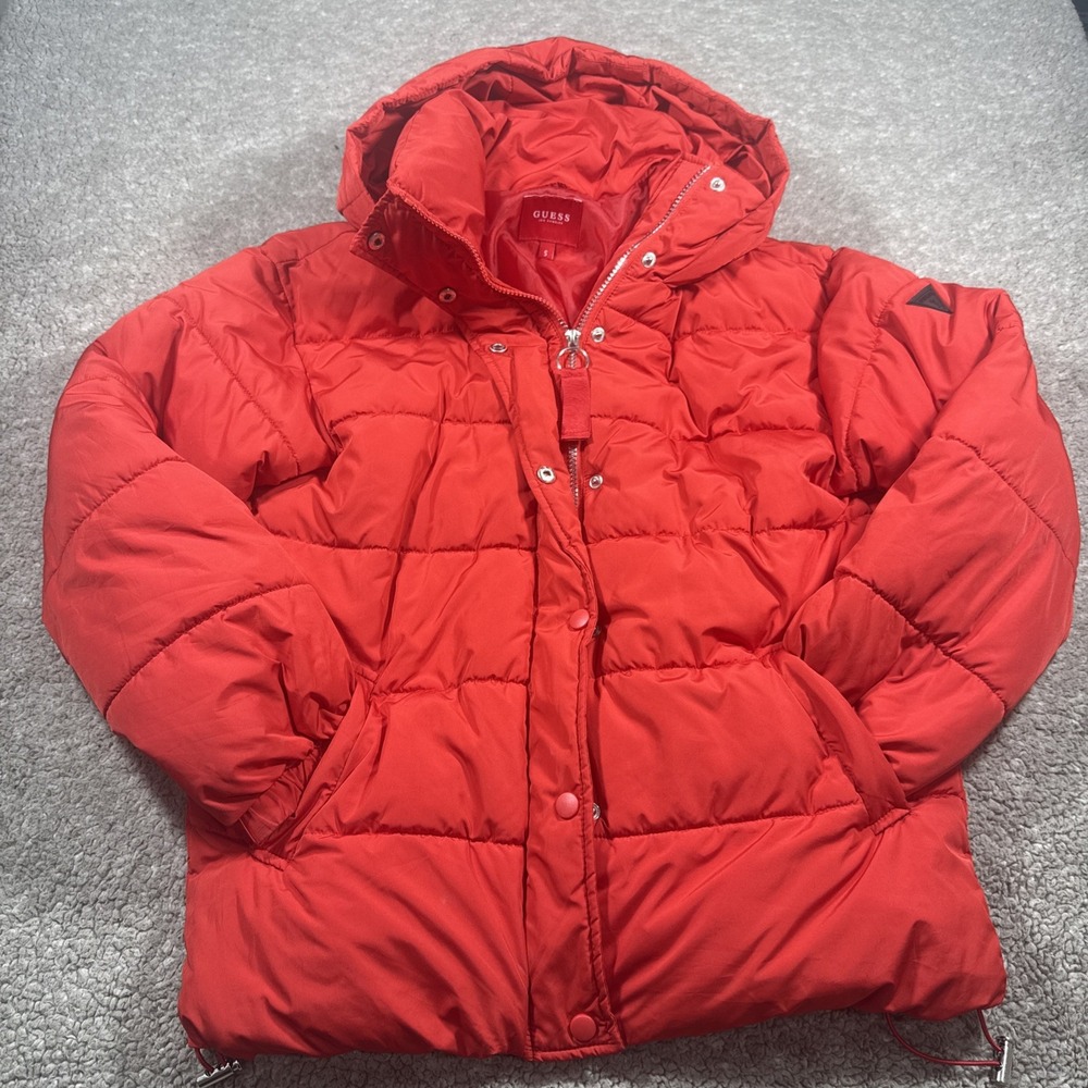 GUESS Womens small Red Hooded Puffer Jacket Quilted Winter Coat